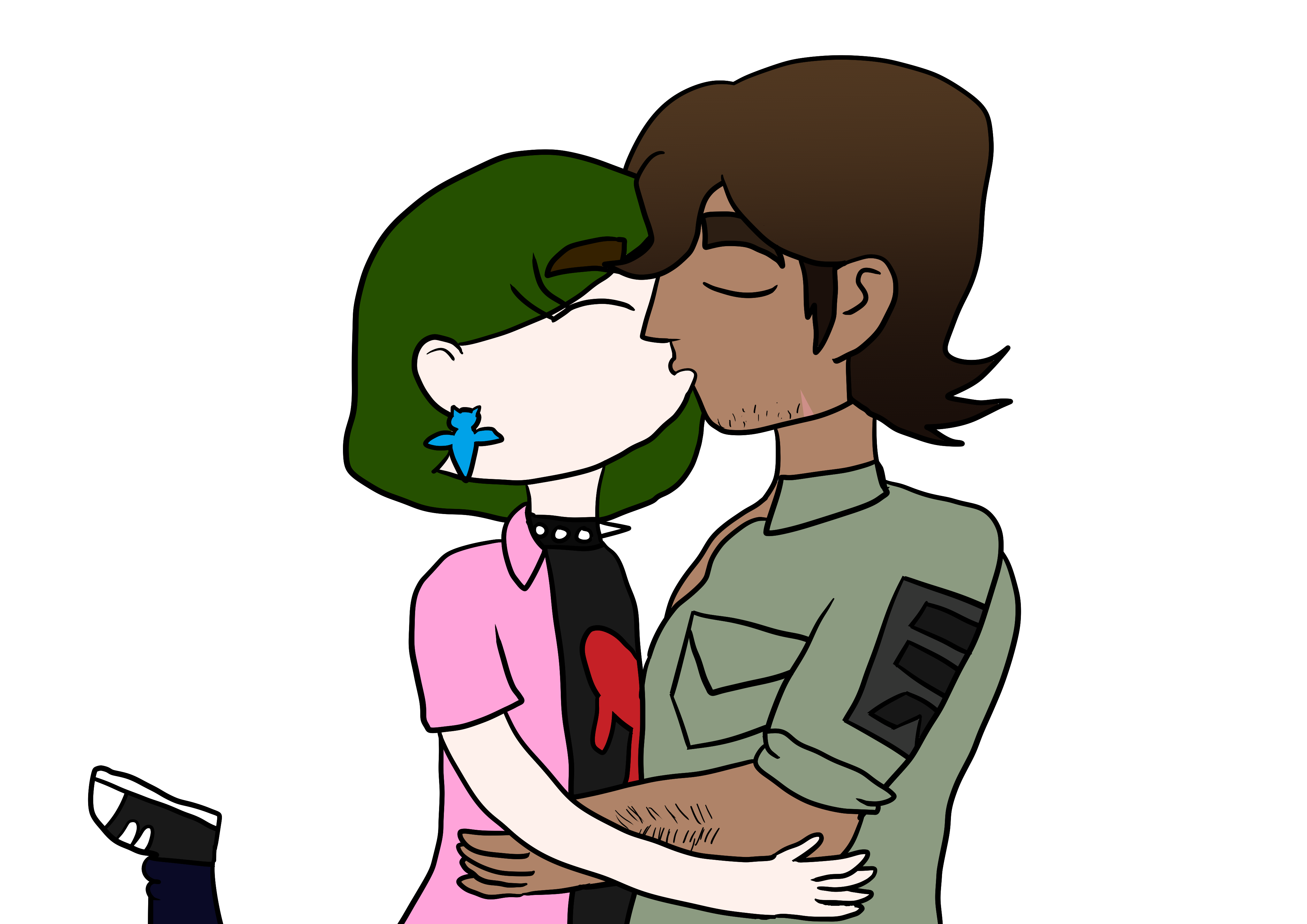 Strade kissing my sona, a pale green-haired boy